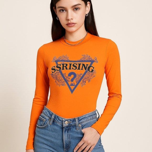 Guess® Rising Orange Keyhole Long Sleeve Bodysuit | Size XS | NWT - Picture 1 of 5